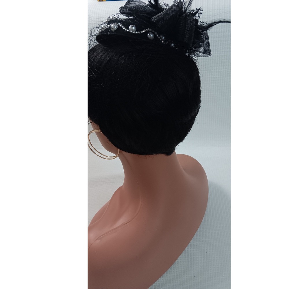 Vintage Style Black Fascinator Hat Birdcage Veil Rhinestone Faux Pearl Bow Clip - Picture 9 of 10